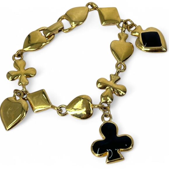 Vintage Trifari Black Enamel Club Spade Heart Gold Tone 7.5" Charm Bracelet 70's